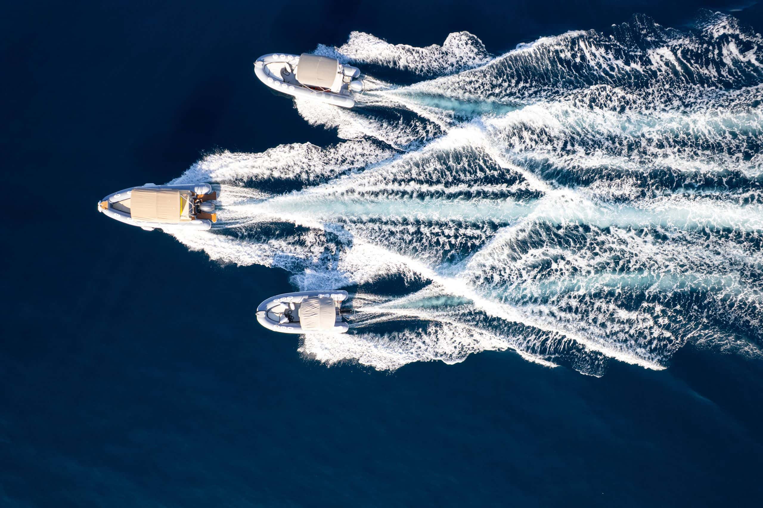 Three RIB tenders under way on the Adriatic, seen from above